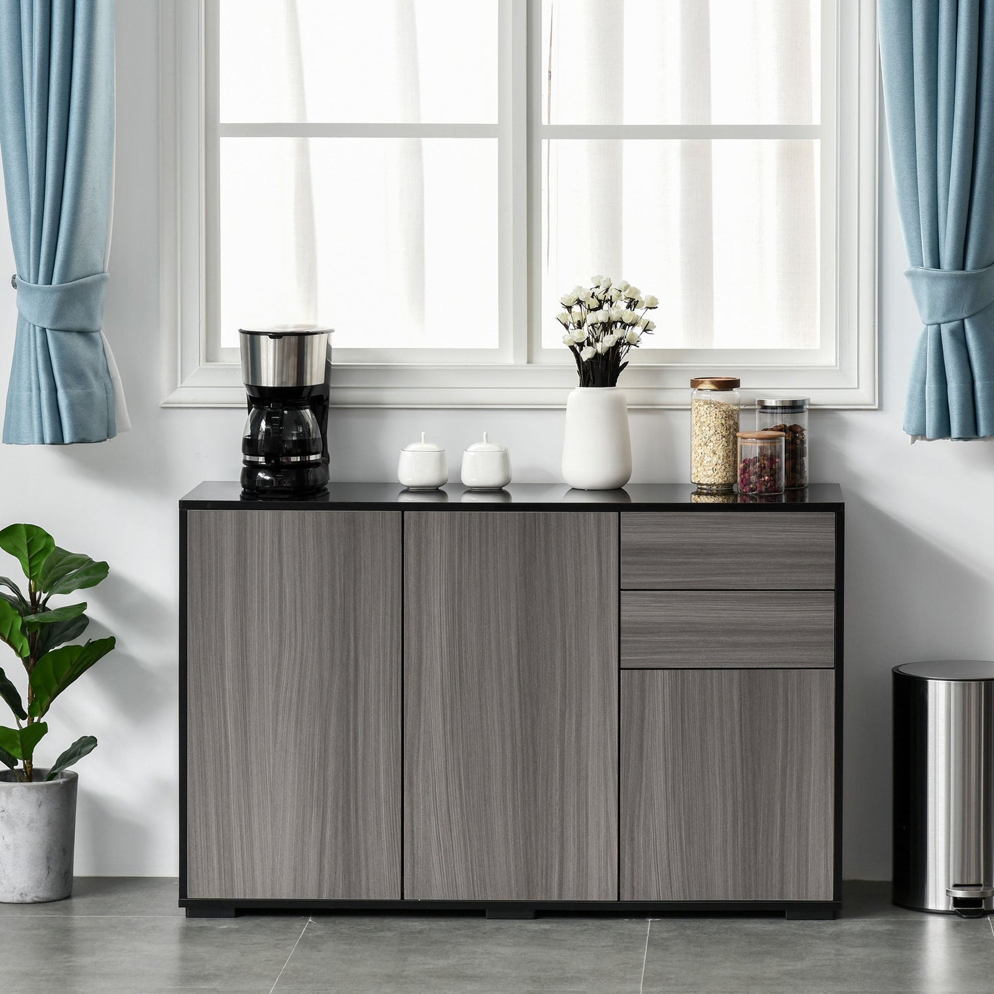 Side Cabinet  2 Door Cabinet and 2 Drawer for Home Office Grey Black