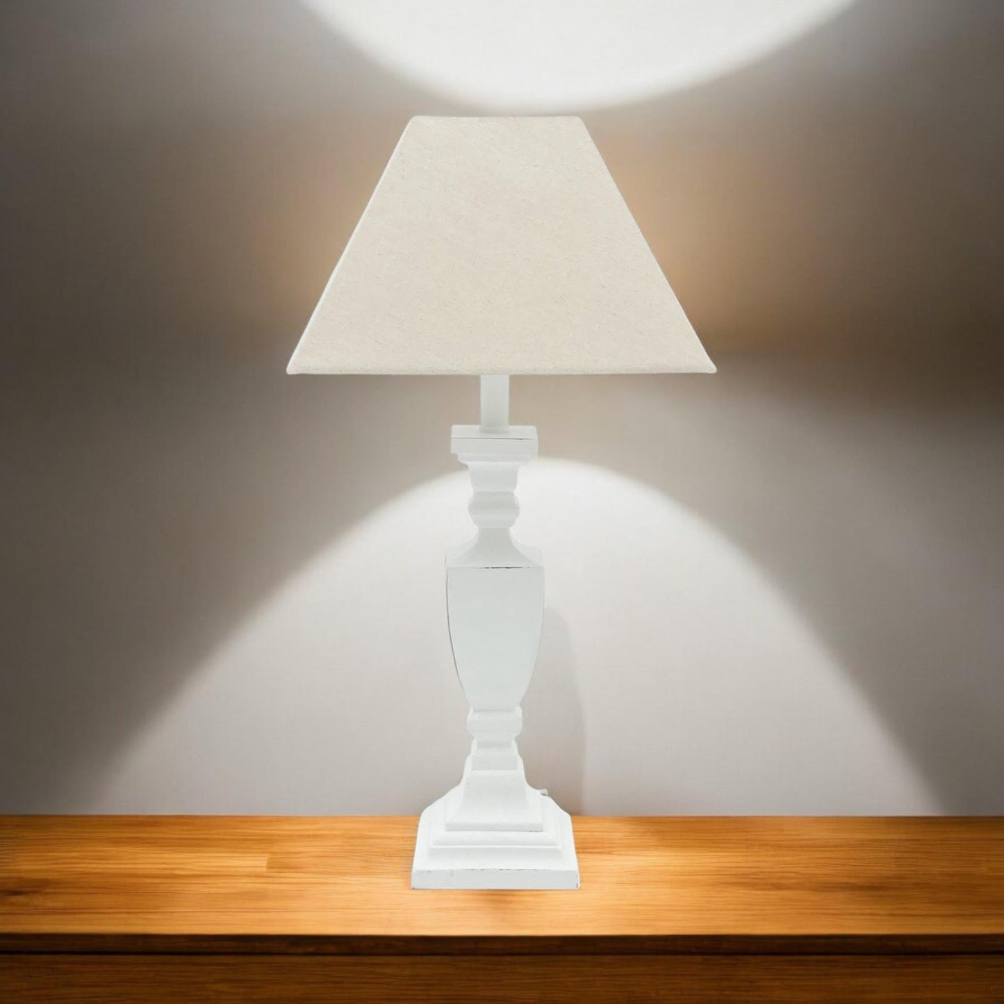 AcaciaHome Stylish & Elegant Tall Wooden Grey Washed 43 cm Table Lamp with Taupe Linen Shade – Energy-Efficient E27 Bulb with Shabby Chic Lighting for Bedroom, Living Room & Office