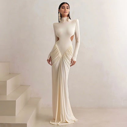 Long Sleeve High Collar Temperament Slim Fit Pleated Backless Dress