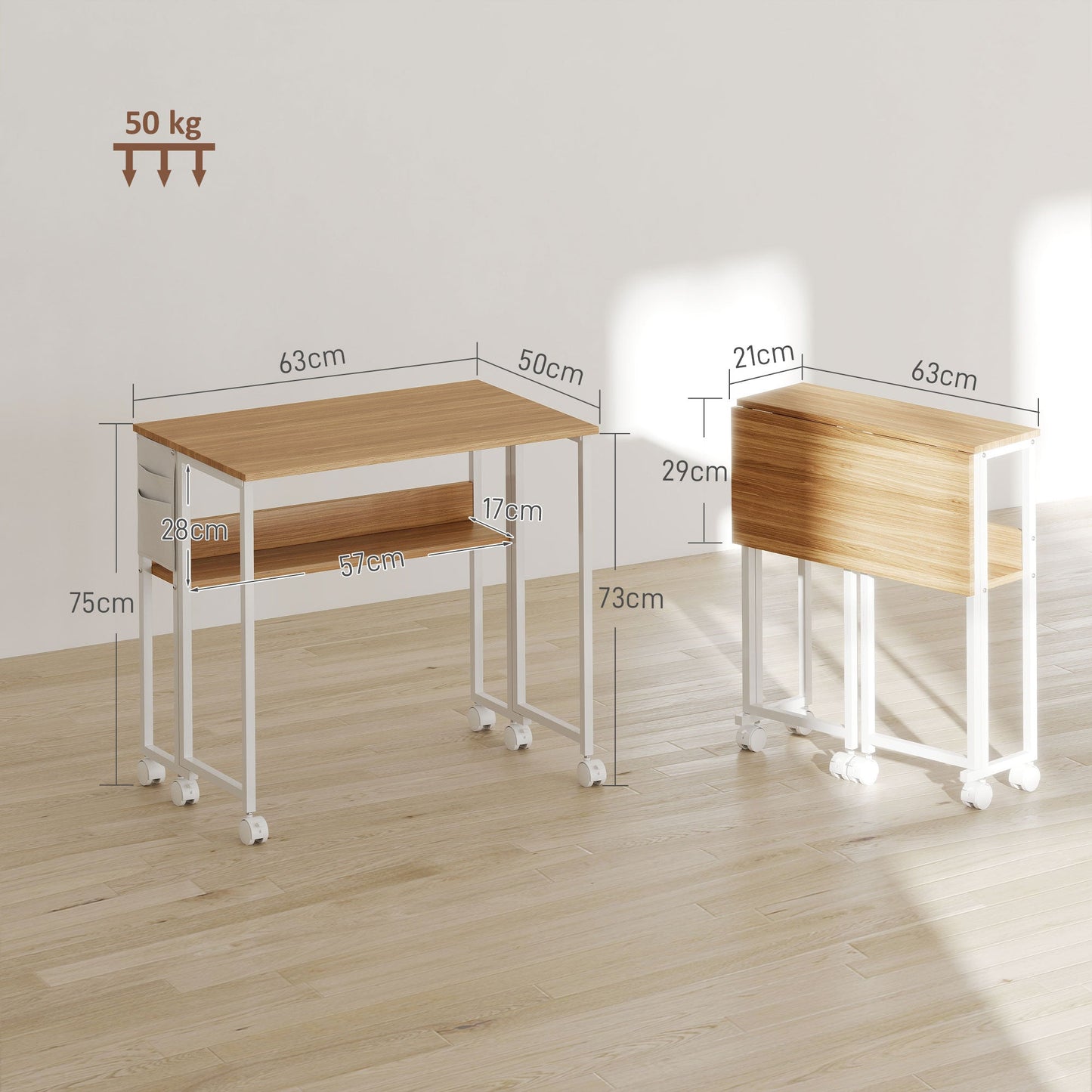 HOMCOM 63 cm Drop Leaf Writing Work Desk - Natural Wood Finish