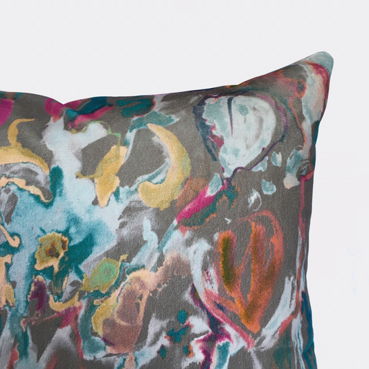 Watercolour Floral Velvet Cushion - Grey