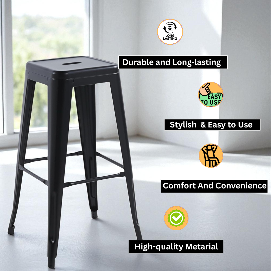 Modern and Contemporary 76CM Sleek Industrial Metal Bar Stool – Durable Sturdy Steel Frame with Comfortable Seat for Kitchen Islands, Home Bars, Cafes, and Restaurants (Black)