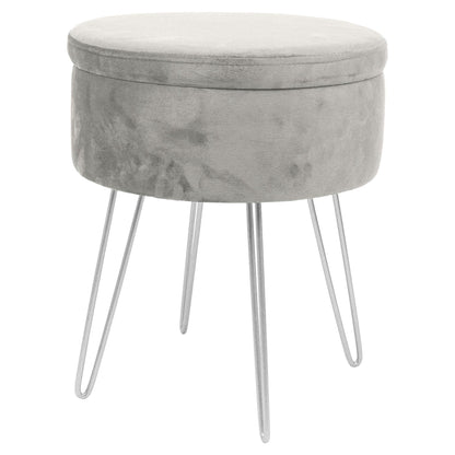 Grey Round Velvet Storage Footstool