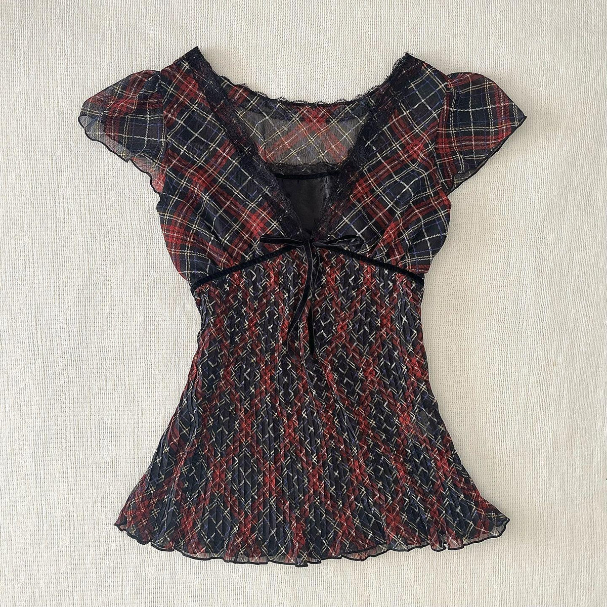 Retro Artistic Style V-neck Plaid Slightly Transparent Slimming T-shirt