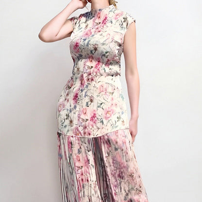 Long Sleeve Printed Chiffon Dress High Waist