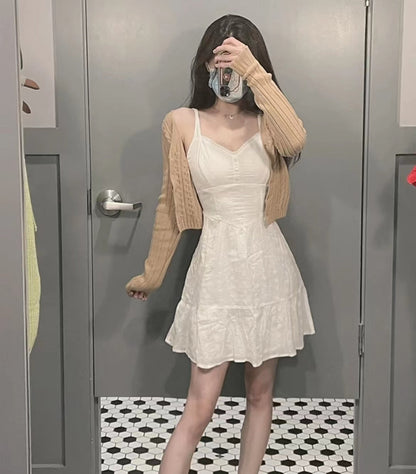 Women's Summer White Fishbone Suspender Dress
