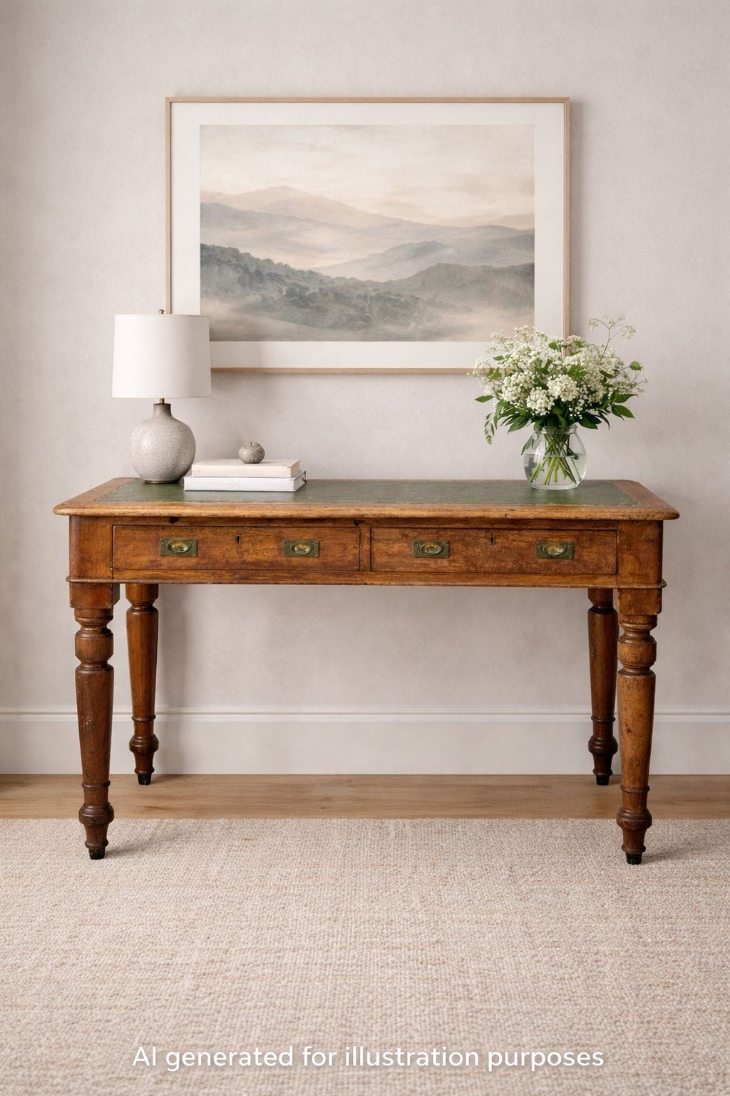 Antique Mahogany Writing Desk Leather Top Two Drawer Side Table Desk