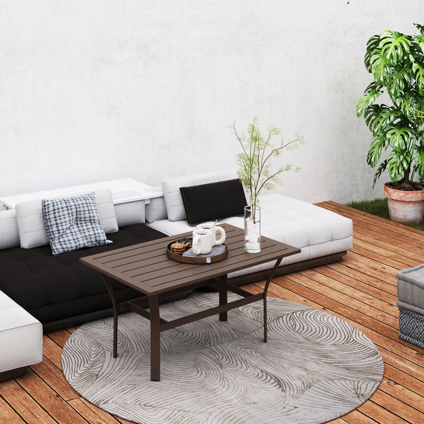 Outsunny Metal Garden Coffee Table, Rectangular Outdoor Side Table with Slatted Tabletop, Foot Pads for Outside, Garden, Balcony, Porch, 91.5 x 55 x 45cm, Brown