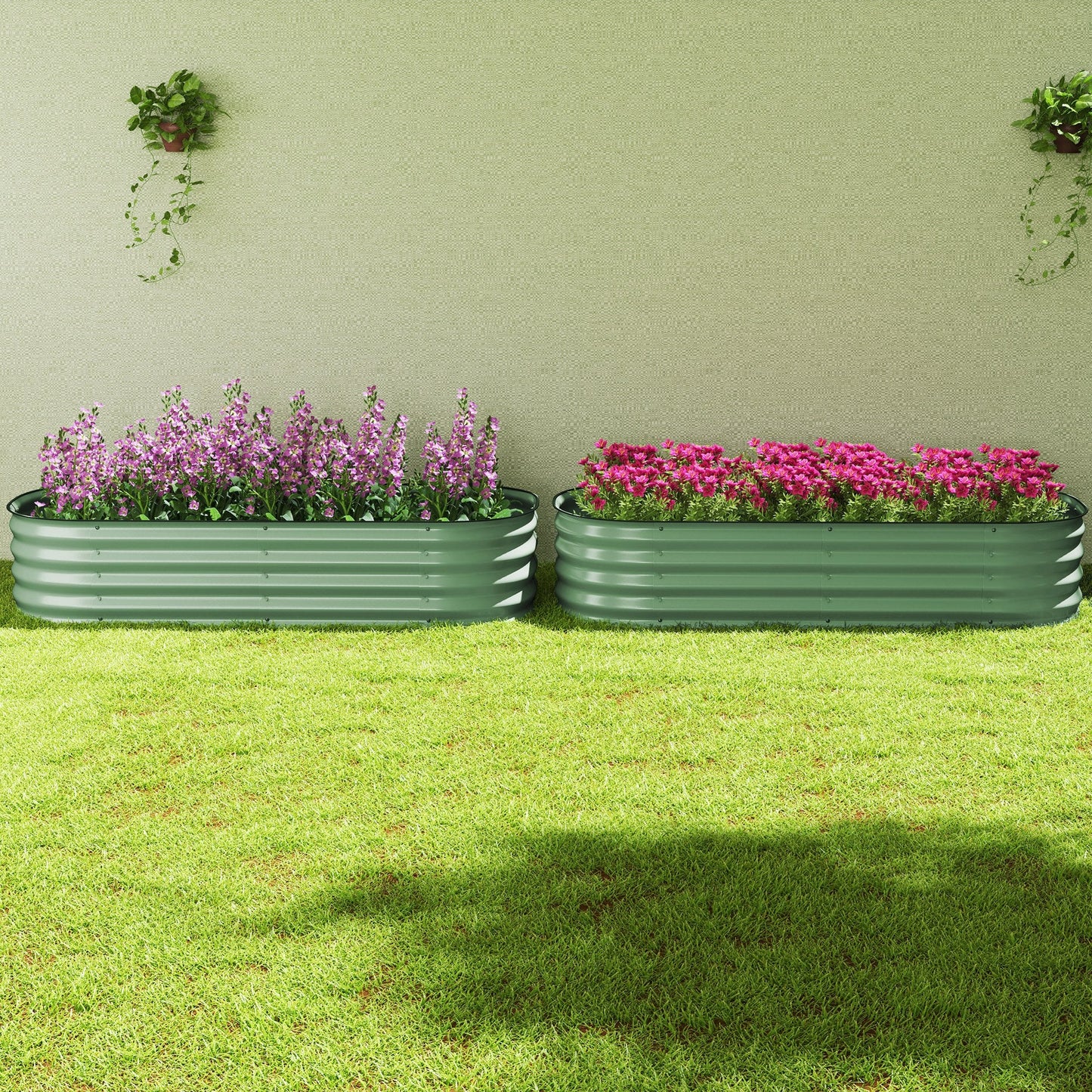 Outsunny Galvanised Raised Garden Bed, Metal Planter Box with Safety Edging, for Flowers, Herbs, Succulents, Pack of 2, Green