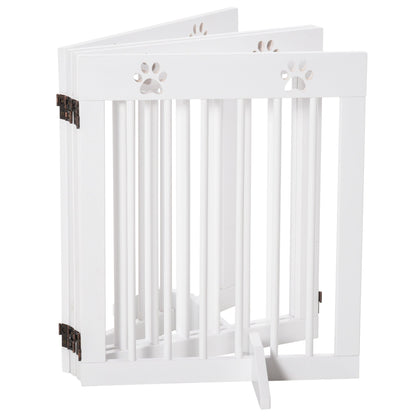 PawHut Freestanding Pet Gate 4 Panel Wooden Dog Barrier Folding Safety Fence with Support Feet up to 204cm Long 61cm Tall for Doorway Stairs White