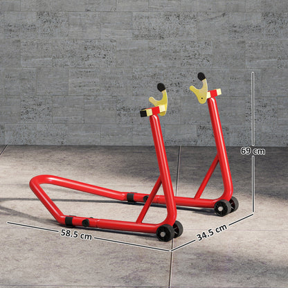 HOMCOM Motorcycle Rear Wheel Stand, 544 kg Capacity Heavy Duty Steel Motorbike Motorcycle Paddock Stand Lift with Adjustable U + L Forks, Wheels, Non-Slip Pads for Workshop Garage Repair, Red