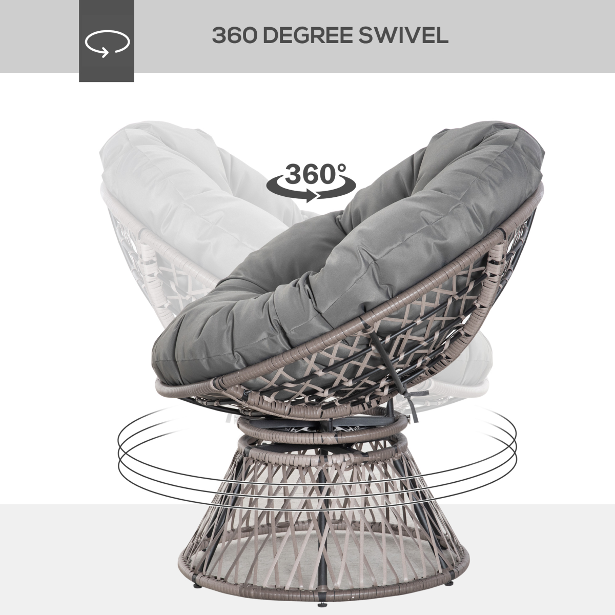 360??Swivel Rattan Papasan Moon Bowl Chair Round Outdoor Padded-Grey Outsunny