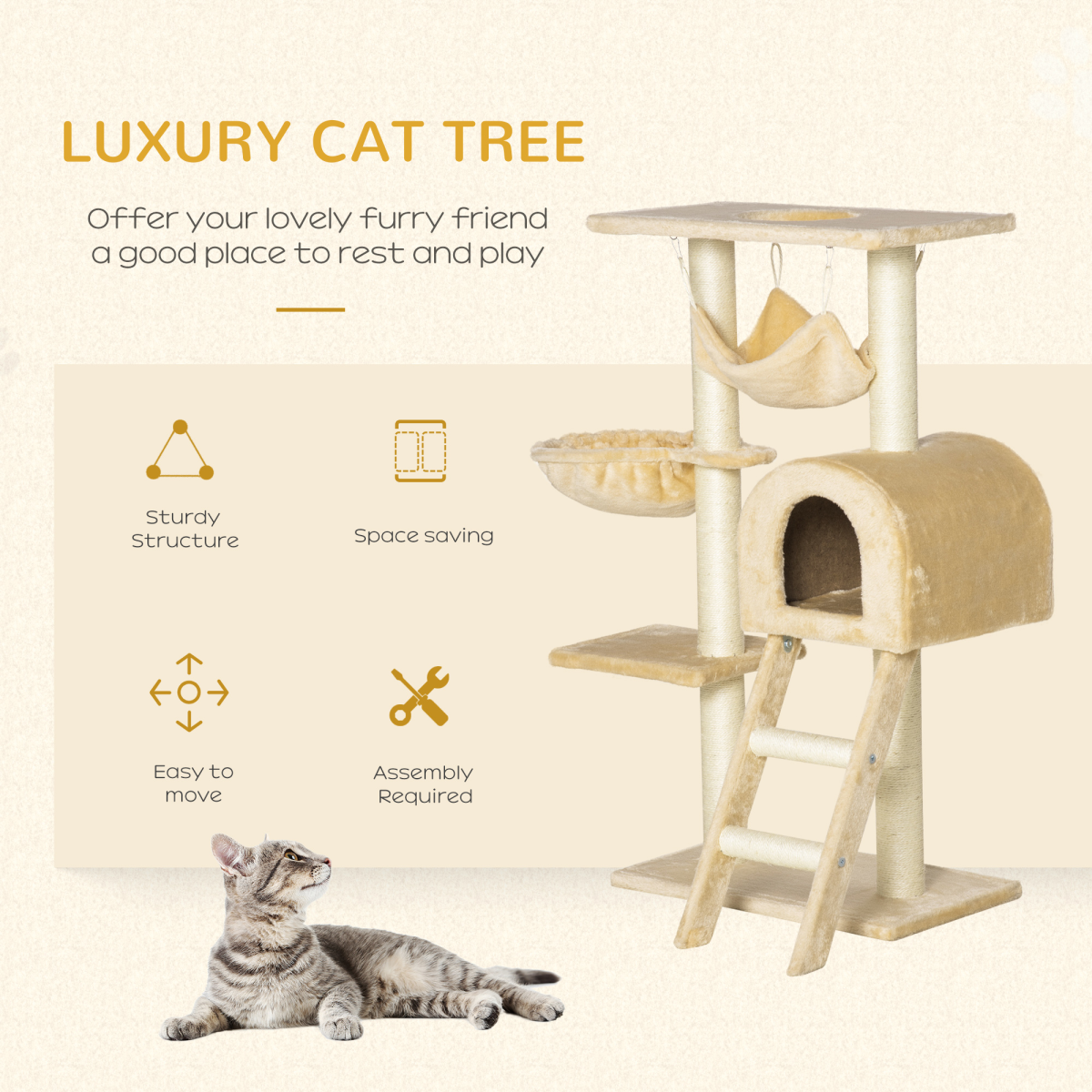 Cat Tree for Indoor Cats Scratching Post w/ Hammock House Bed Basket Pawhut