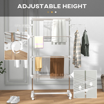 4 Layers Folding Cloth Hanger Stand Rail W/Wheels-White/Silver