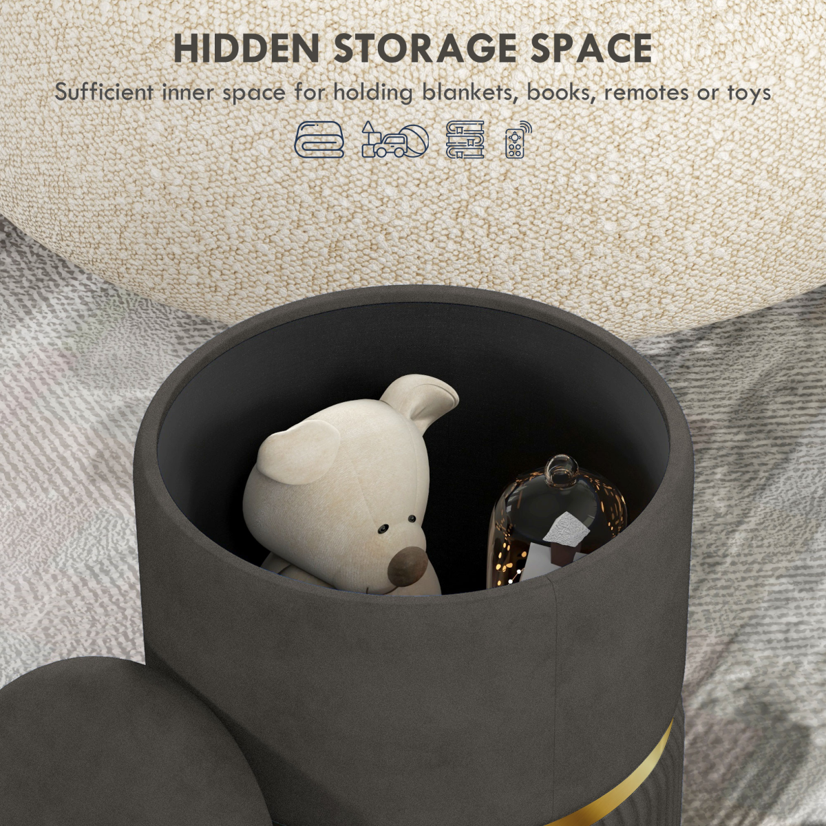 HOMCOM Round Pouffe, Storage Footstool with Cushioned Top, Hidden Space