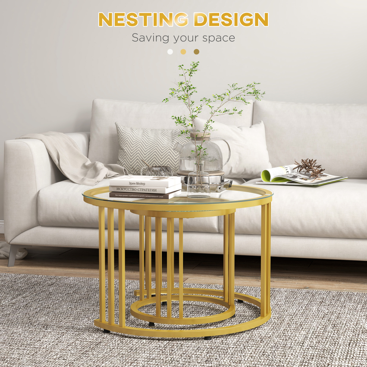HOMCOM 2 Pieces Round Nesting Coffee Tables with Tempered Glass Top, Gold Tone