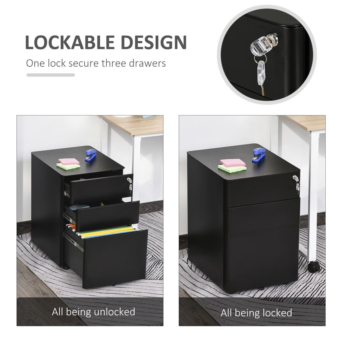 3 Draw Metal Filing Cabinet Lockable 4 Wheel Compact Under Desk Black Vinsetto