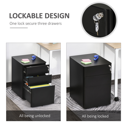 3 Draw Metal Filing Cabinet Lockable 4 Wheel Compact Under Desk Black Vinsetto