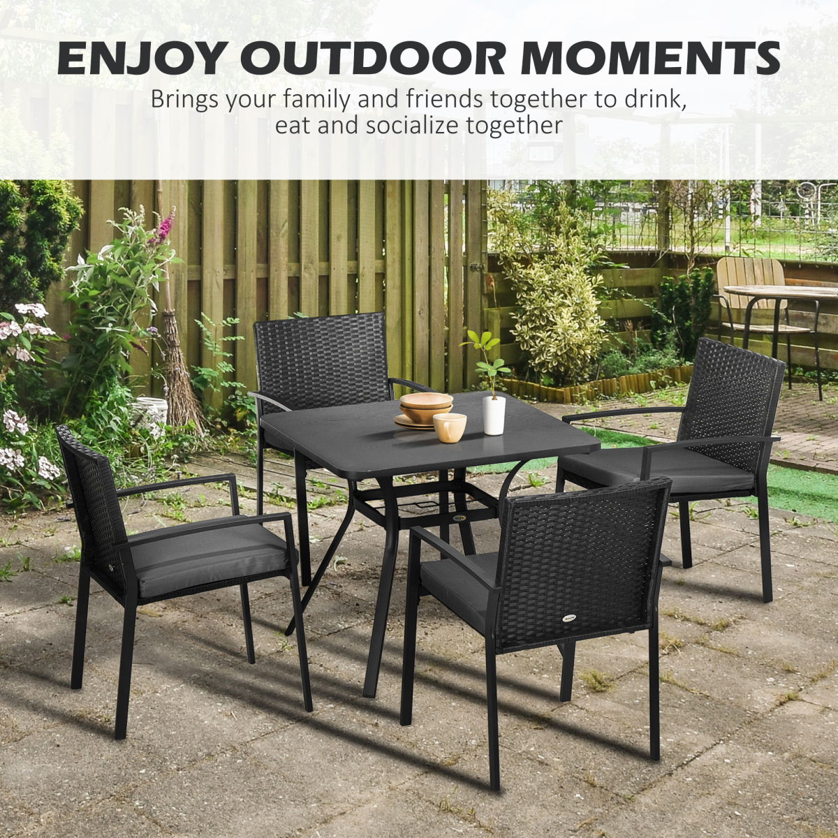 Outsunny 4 Seater Rattan Garden Dining Set Outdoor with Umbrella Hole - Black