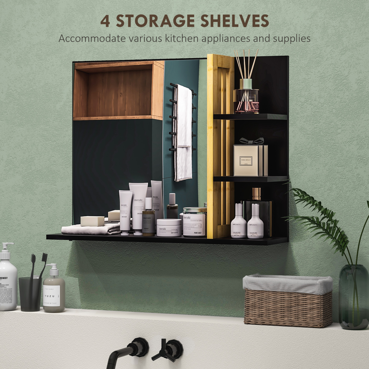 HOMCOM Bathroom Mirror Wall Mount Vanity Mirror with 4 Storage Shelves, Black