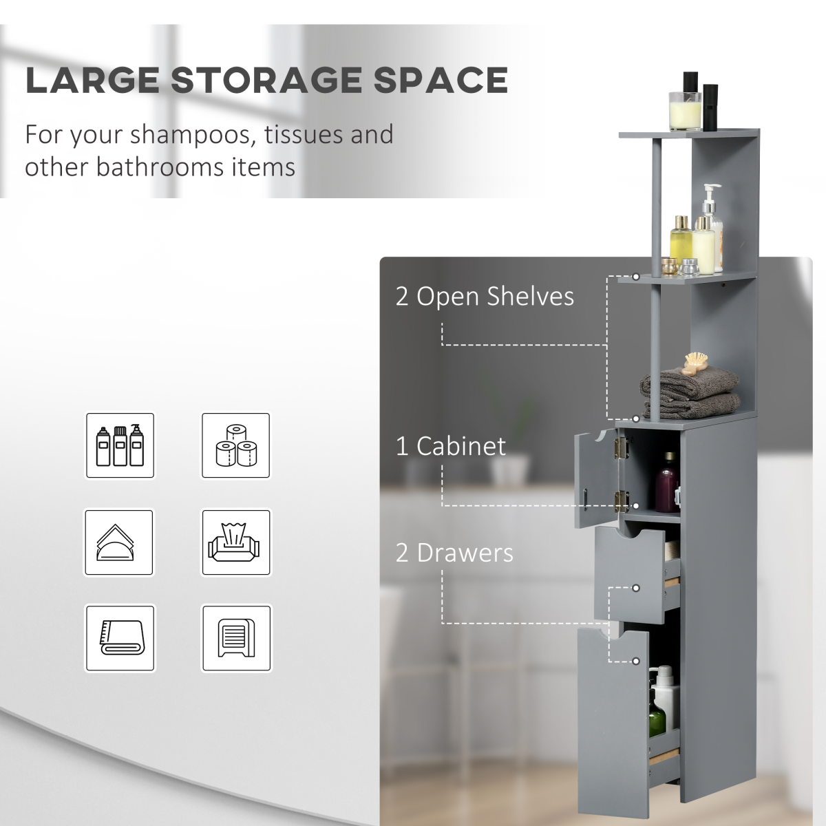HOMCOM Tall Bathroom Cabinet, Bathroom Storage Cabinet W/ Shelf, Drawers, Grey