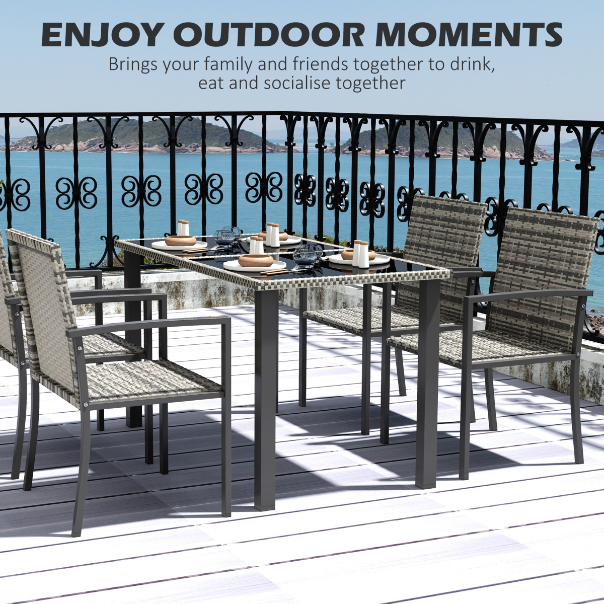 Outsunny 4 Seater Rattan Garden Furniture Set with Glass Tabletop - Mixed Grey