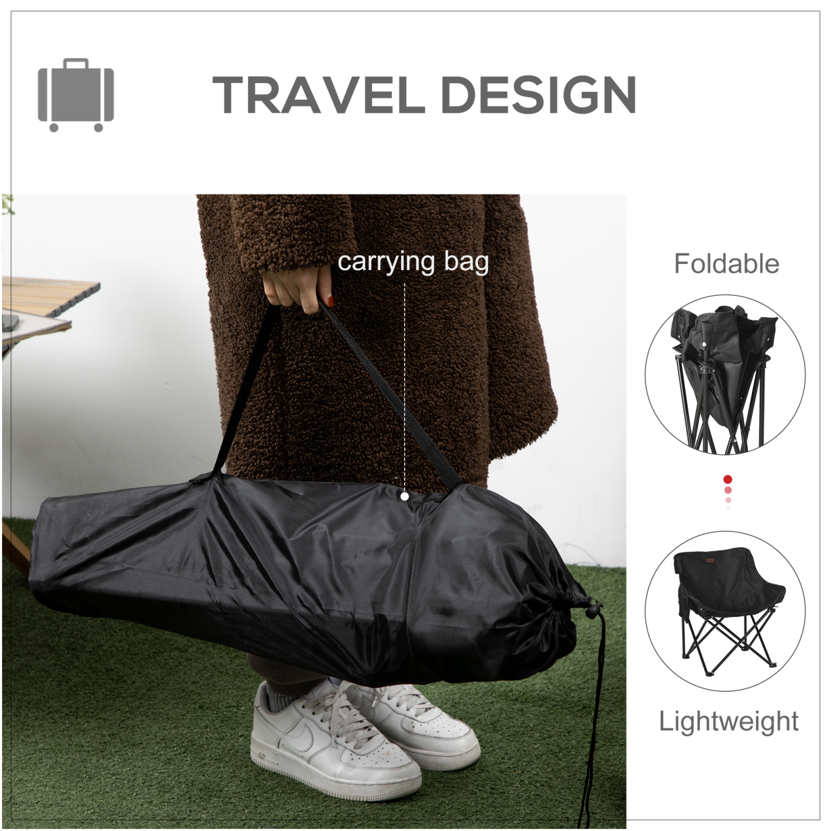 Outsunny Folding Camping Chair with Carrying Bag and Storage Pocket, Black