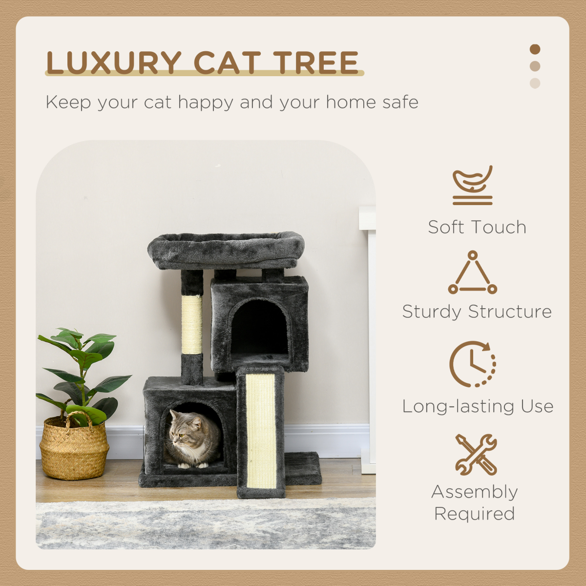 Cat Rest & Play Activity Tree w/ 2 House Perch Scratching Post Black Pawhut