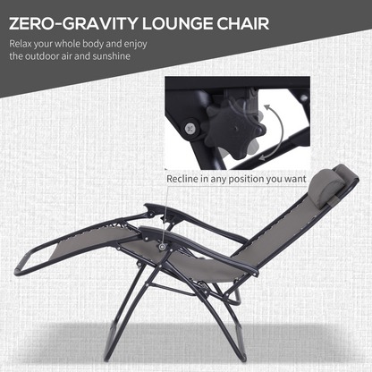 3PC Zero Gravity Chairs Sun Lounger Table Set Cup Holders Dark Grey Outsunny