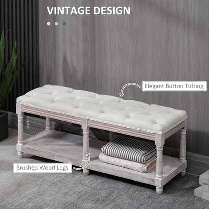 HOMCOM 2-Tier Bed End Bench, Vintage Stool Button Tufted Seat Cream White