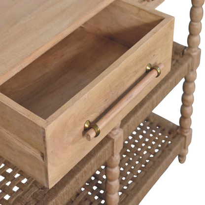 Artisan Furniture Solid Wood Savoy Bobbin Console with Jute Shelves, 2 Drawers, 4 Shelves, Beige