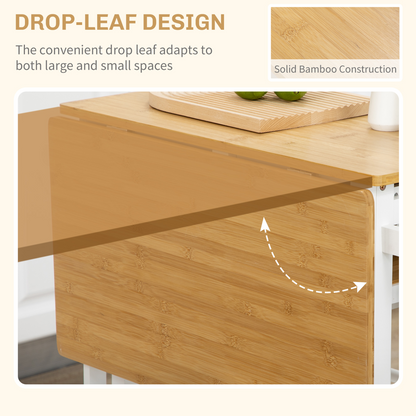 HOMCOM Bamboo Breakfast Cart with Drop Leaf Table and 2 Stools
