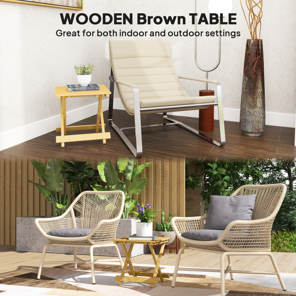 Outsunny Wooden Folding Garden Table, Folding Side Table, Nature Wood Finish