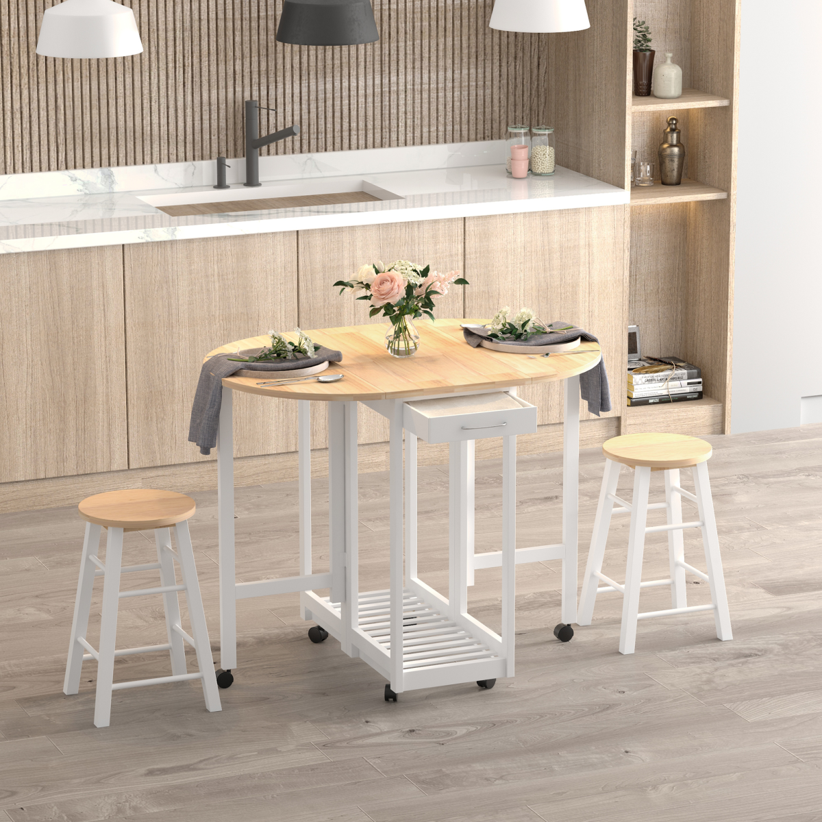 3pc Wooden Kitchen Cart Mobile Rolling Trolley Folding Stools Wheels Drawers