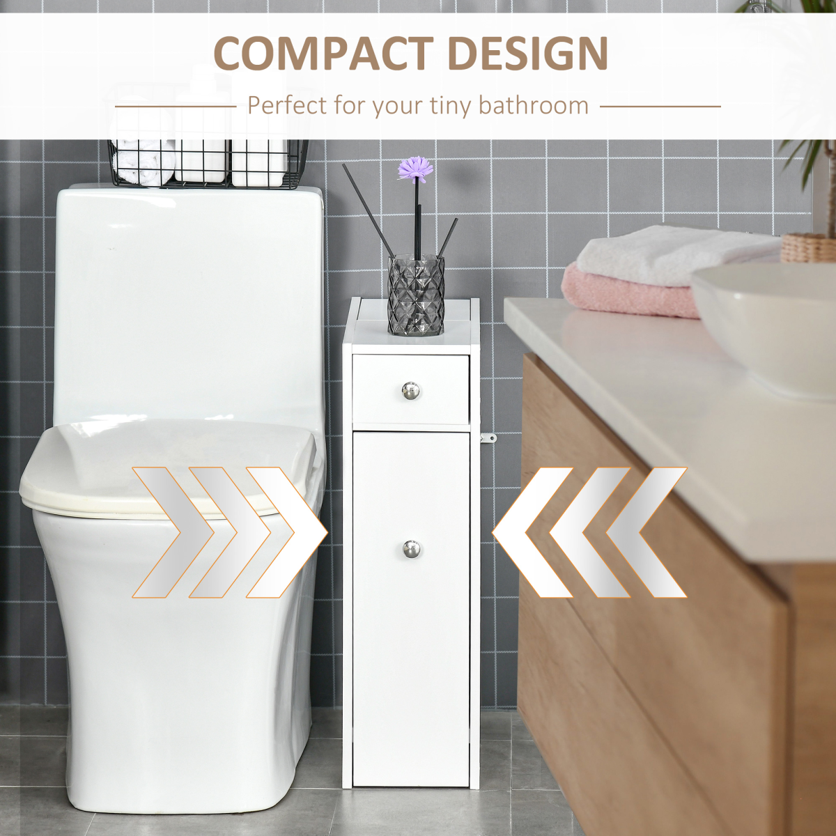 Slim Floor Cabinet Narrow Wooden Storage with Drawers Bathroom White HOMCOM