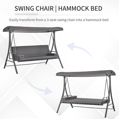 2-in-1 Swing Chair  3 Seater Bench Hammock Bed Adjustable Canopy Pillow, Grey