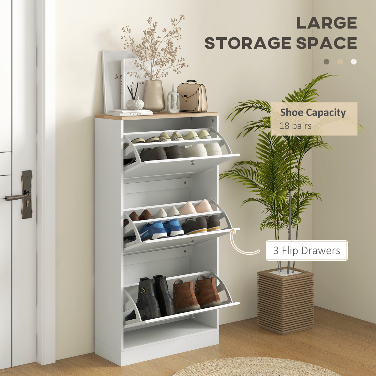 HOMCOM Narrow Shoe Cabinet with 3 Flip Drawers for 18 Pairs of Shoes White