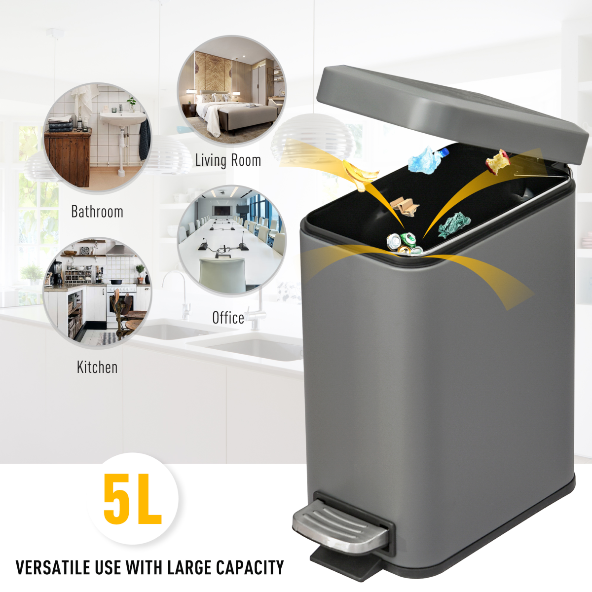 5L Steel Step Trash Can with Quiet-Closed Lid, Silent and Gentle Open,