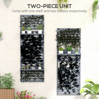Outsunny Wall Mounted Plant Stands Set of 2 with Shelves and Slatted Trellis
