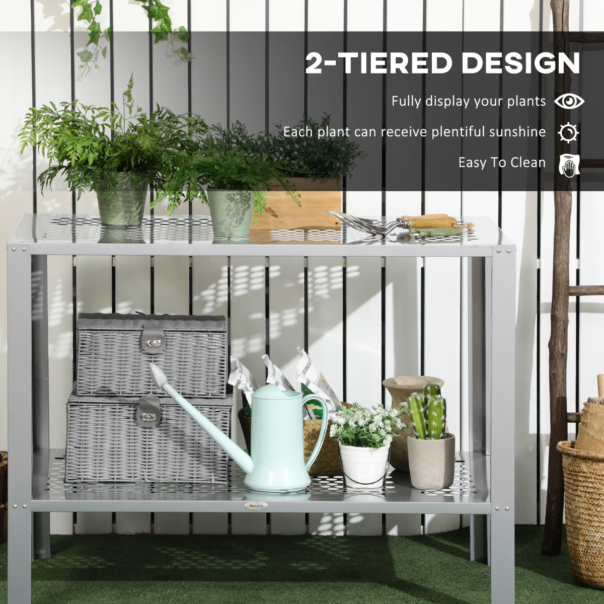 Outsunny 2-Tier Plant Stand Storage Organizer Steel Display Shelf for Patio