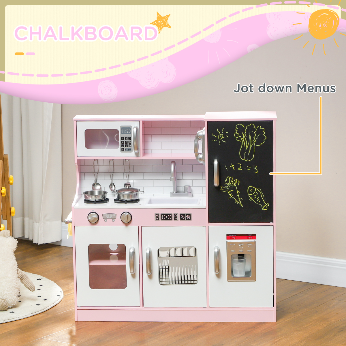 AIYAPLAY Play Kitchen, Pretend Toy Kitchen w/ Toy Phone, Chalkboard, Sink