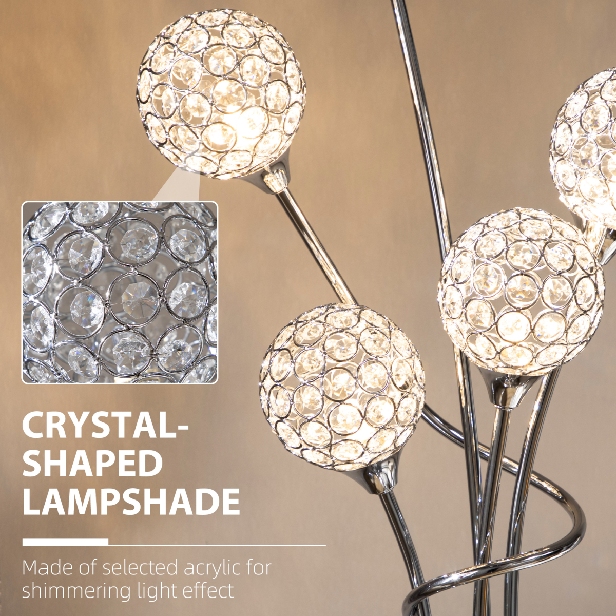 K9 Crystal Floor Lamp for Living Room, 5 Light Upright Standing Lamp, Silver