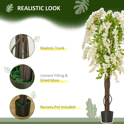 Artificial Realistic White Wisteria Tree Faux Decorative Plant, 160cm HOMCOM