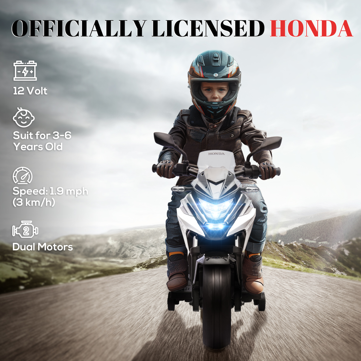 AIYAPLAY Honda Licensed 12V Kids Electric Motorbike w/ Music Headlights - White