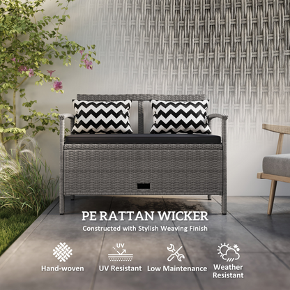 Outsunny 160L Rattan Garden Storage Bench, Cushioned Outdoor Bench, Grey