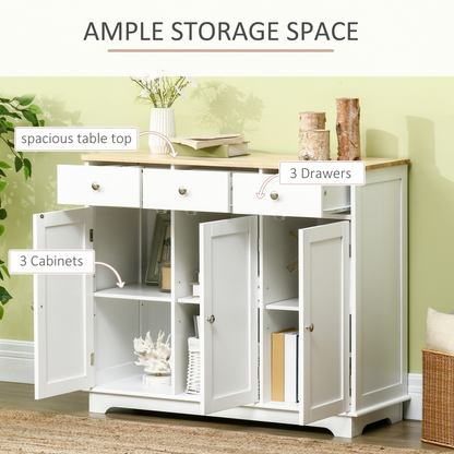 Sideboard with Rubberwood Top, Buffet Drawers and Adjustable Shelves White