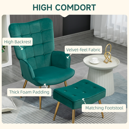 HOMCOM Button Tufted Armchair with Footstool and Gold Tone Steel Legs Dark Green