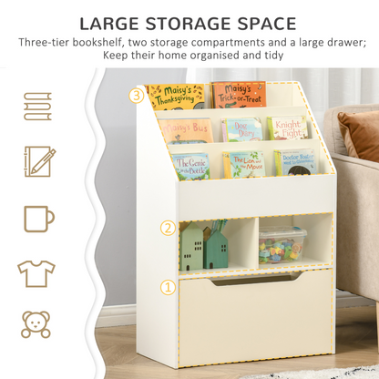 Children's Bookcase, Toy Organiser w/ Wheels, for Bedroom - White