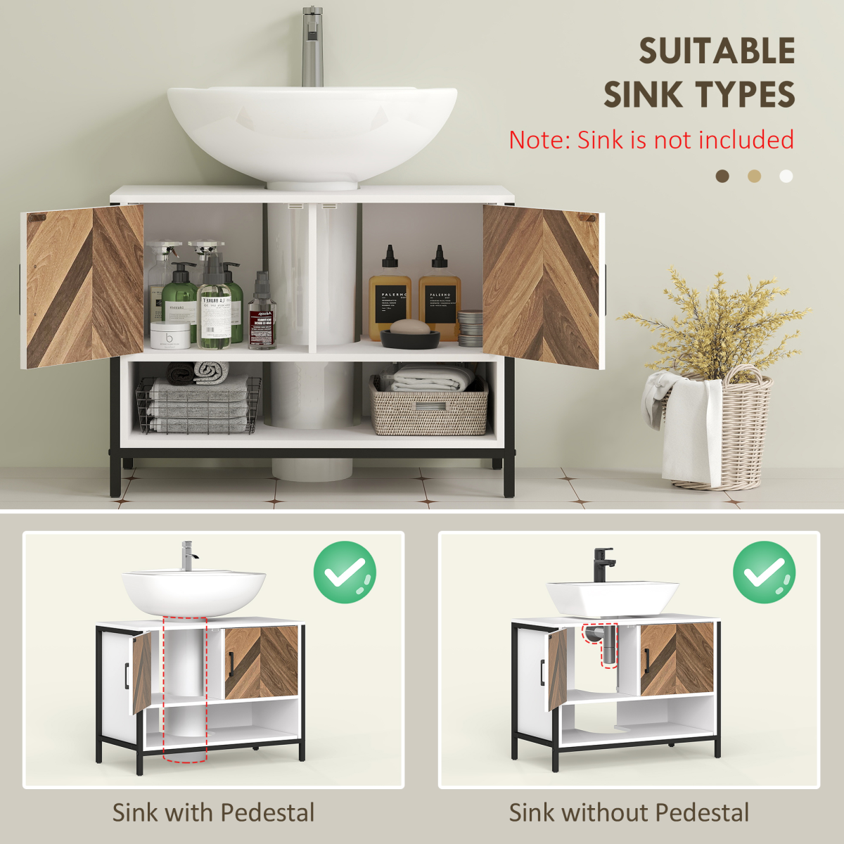 HOMCOM Bathroom Under Sink Cabinet for Basin with or without Pedestal Cream