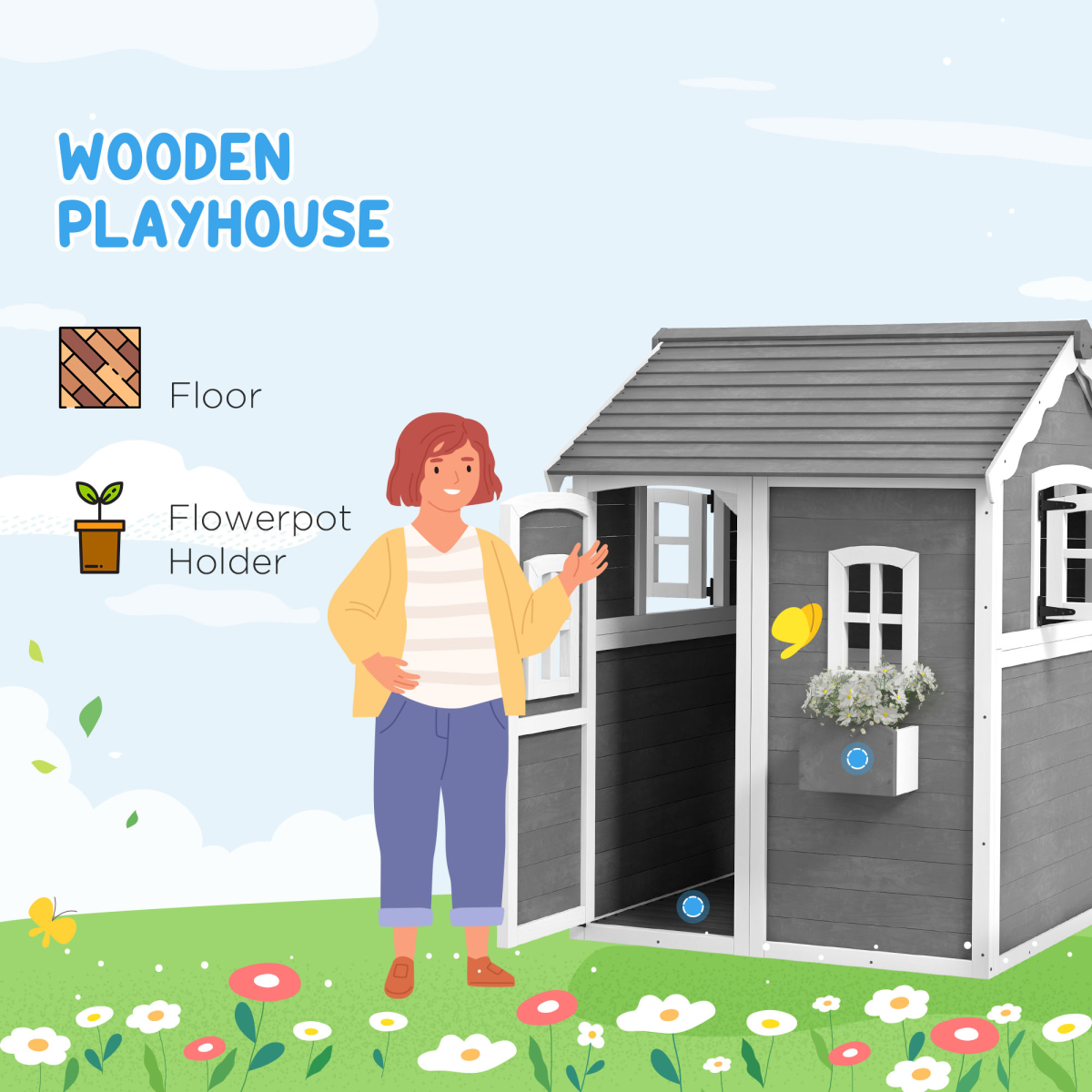 Outsunny Wooden Wendy House for Kids with Floor, for Gardens, Patios - Grey